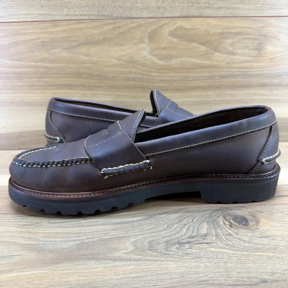 LL BEAN Allagash Penny Loafers Mens 9.5 D Brown Leather Handsewn Lug Sole Casual